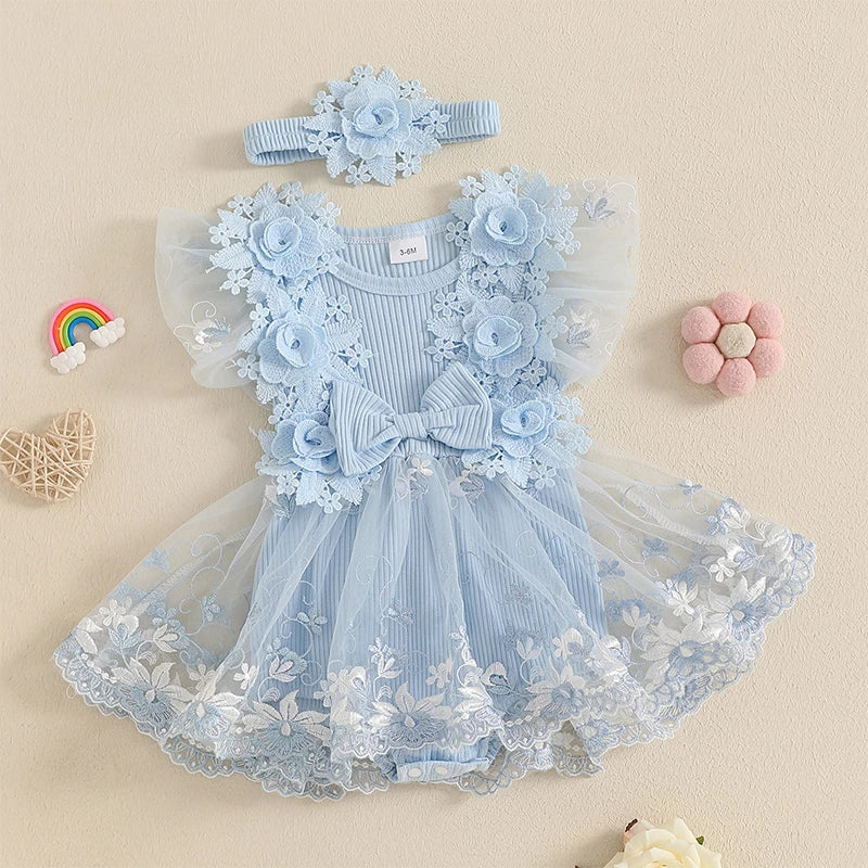 Infant Girls Floral Embroidered Romper With Headband