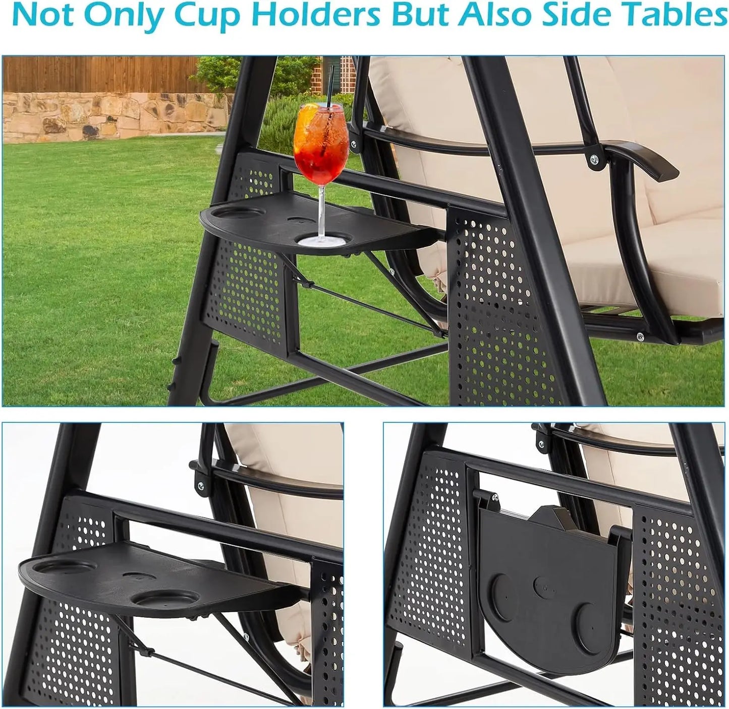 3 Seat Outdoor Porch Swing With Adjustable Canopy Beige Customizable Removable