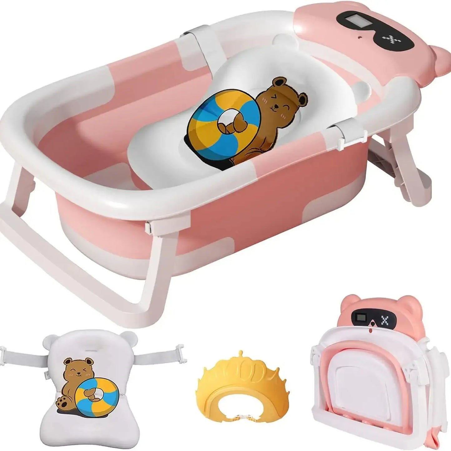Baby Bathtub with Real Time Temperature Display Non Slip Foldable Tub and Cushion Support for Shower