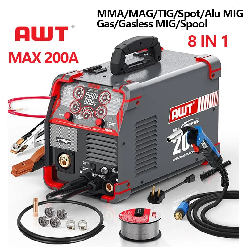 200A Welding Machine 8 in 1 Semi Automatic Welder Aluminum MIG MAG MMA LIFT TIG IGBT Inverter Welding Tool