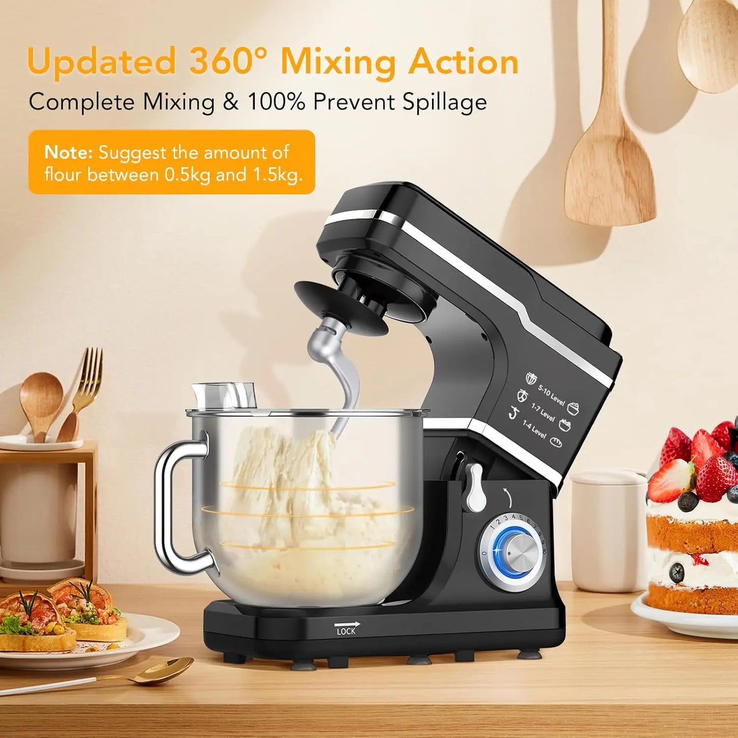 Electric Food Mixer 7.5QT 600W 10 Speed Tilt Head Stand Mixer with Stainless Steel Bowl 3 in 1 Kitchen Countertop Mixer