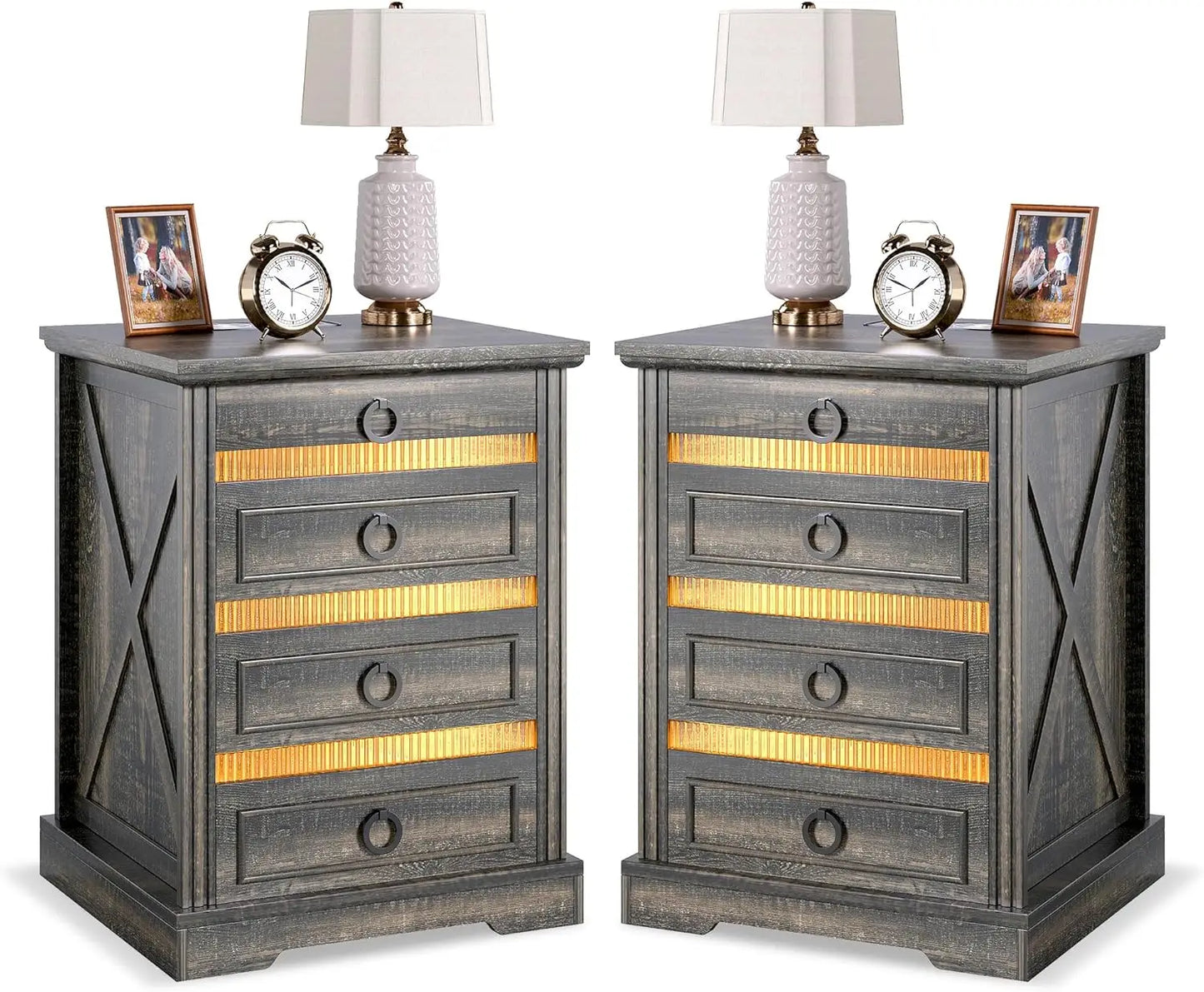 Farmhouse Night Stand with Gun Drawer Bedside Table with Charger Station LED Nightstand with Human Sensor Light Smart End Tab