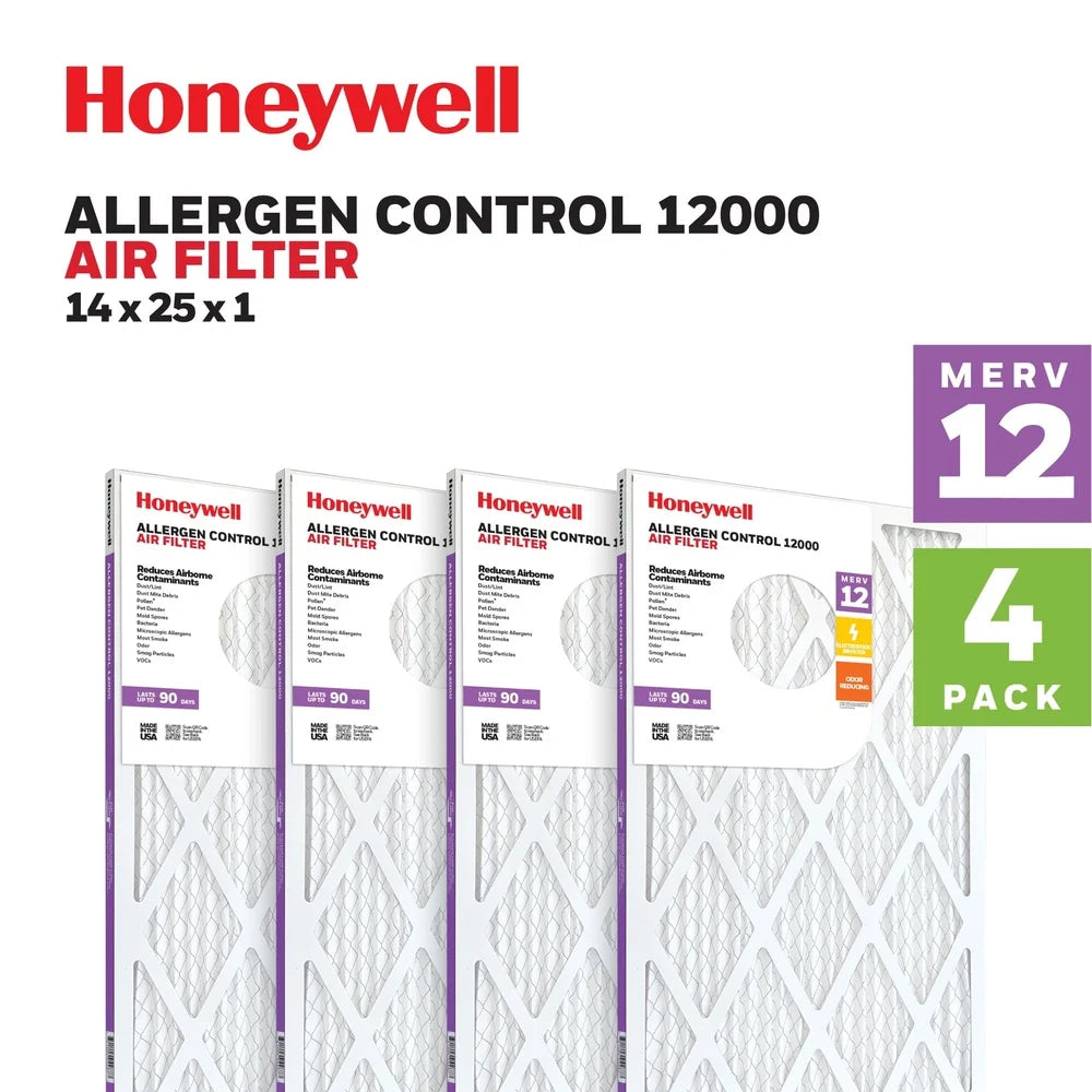 MERV 12 Pleated Air Filter 14x25x1 Odor Reducing HVAC Furnace Filter 4 Pack Allergen Control Dust Pollen Pet Dander