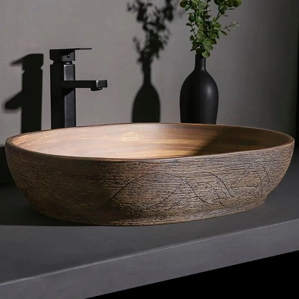 Bathroom Vessel Sink Oval Ceramic Washbasin Above Counter Retro Design