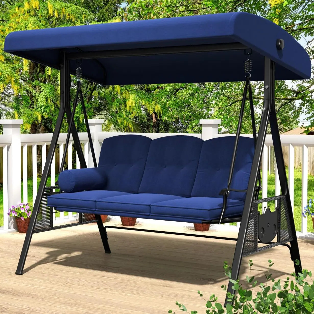3 Seat Outdoor Porch Swing With Adjustable Canopy Beige Customizable Removable