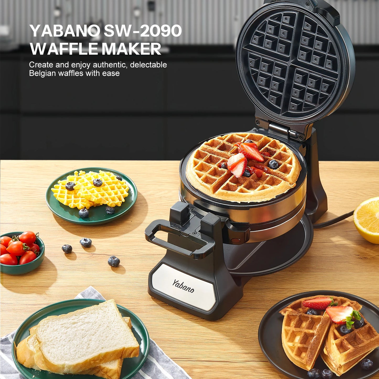 Yabano Belgian Waffle Maker With Rotating Double Flip, Nonstick Plates, Removable Drip Tray And Cool Touch Handles