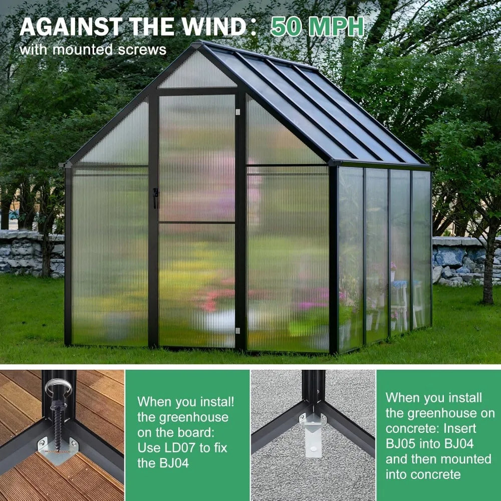 Polycarbonate Greenhouse Kit 8x6x6 FT Heavy Duty Outdoor Greenhouse with Transparent Panels Sliding Door for Backyard Garden