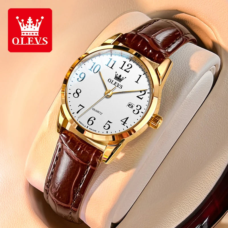 OLEVS Fashion Quartz Watch for Men and Women Leather Strap Waterproof Original Arabic Numeral Scale Perfect Gift for Elders
