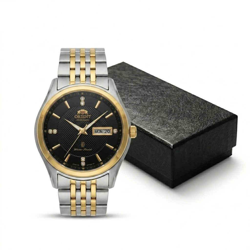 Orient Men's Business Automatic Mechanical Watch Dual Calendar Week Display Crystal Hour Markers Stainless Steel Band Wristwatch
