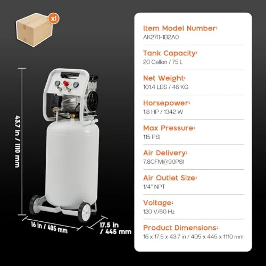 20 Gallon Vertical Air Compressor 1.8 HP Copper Motor 120 PSI Ultra Quiet