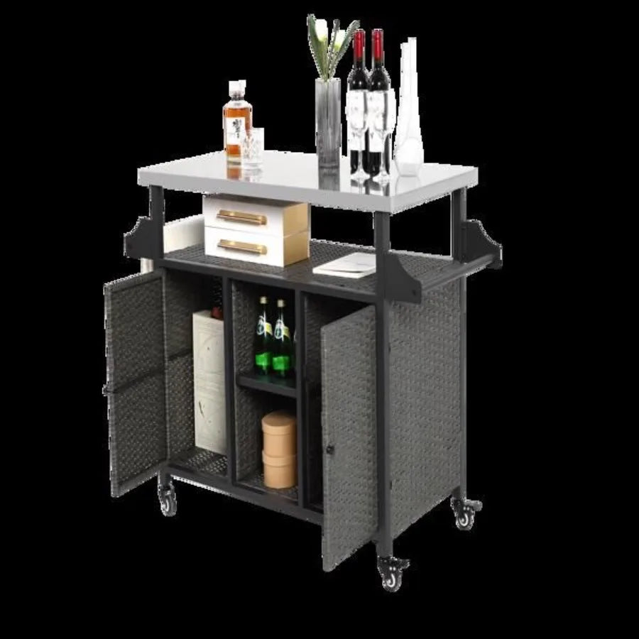 Large Bar Cart Outdoor Kitchen Wicker Island Rolling Cart Storage Cabinet with Wheels and Stainless Steel Extended Table Top