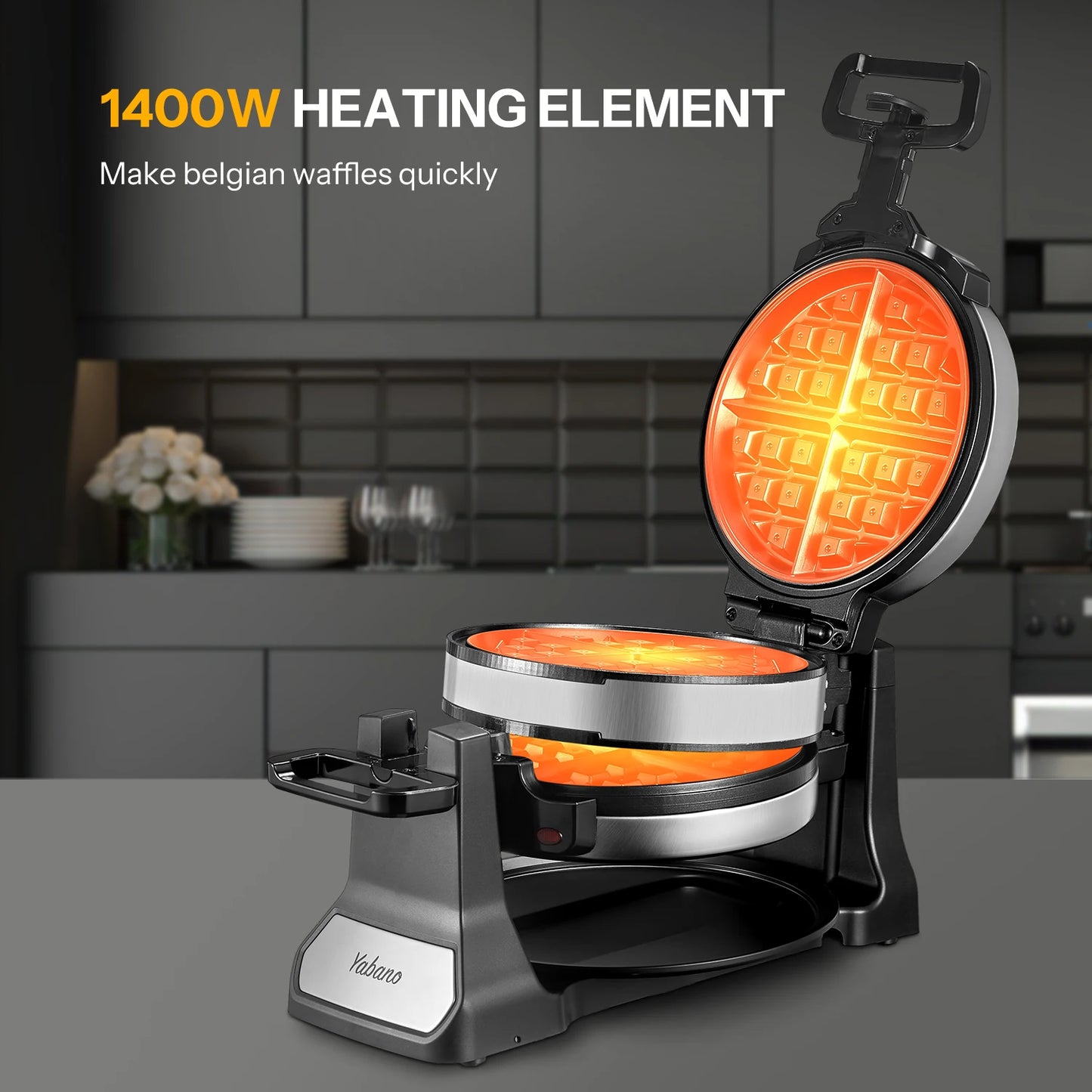 Yabano Belgian Waffle Maker With Rotating Double Flip, Nonstick Plates, Removable Drip Tray And Cool Touch Handles