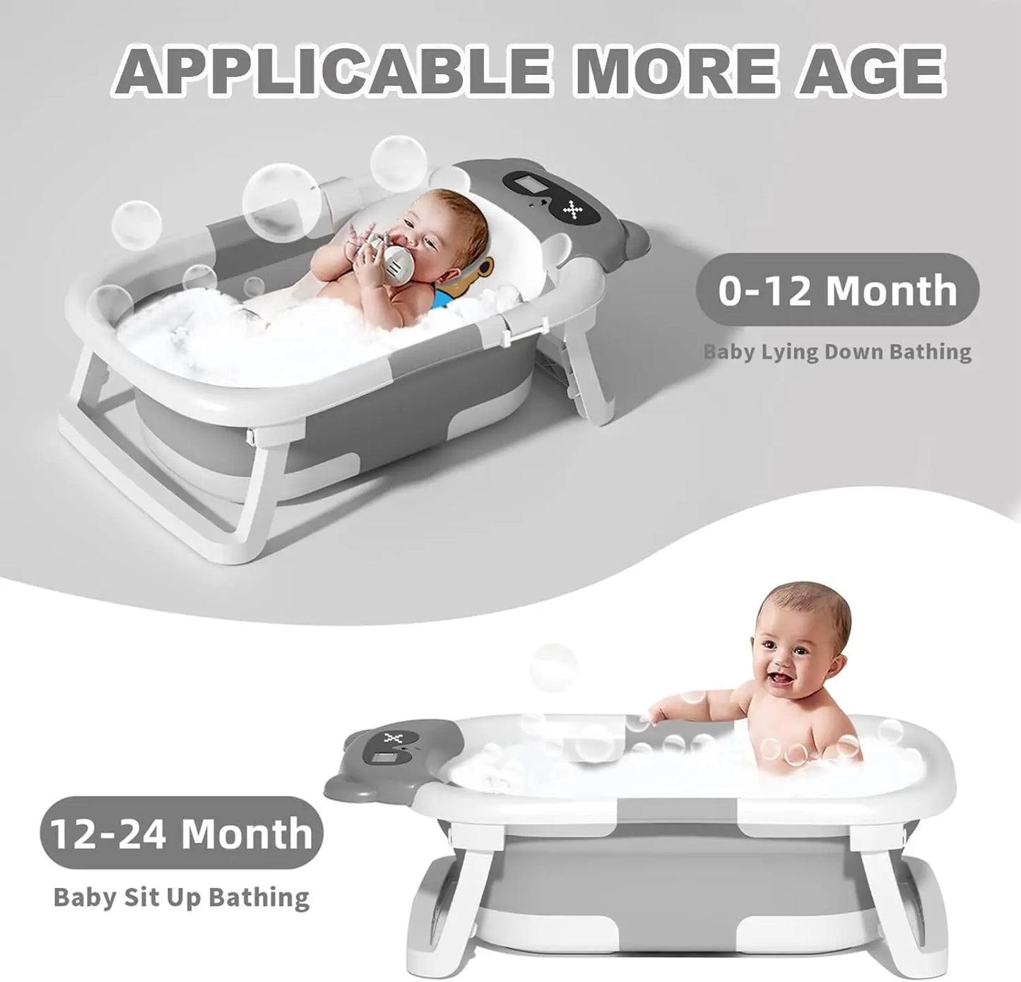 Baby Bathtub with Real Time Temperature Display Non Slip Foldable Tub and Cushion Support for Shower