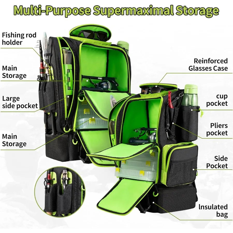 Blisswill Large Fishing Backpack with Cooler for Three Tackle Boxes Fishing Bag with Rod Holders Fishing Gear and Equipment