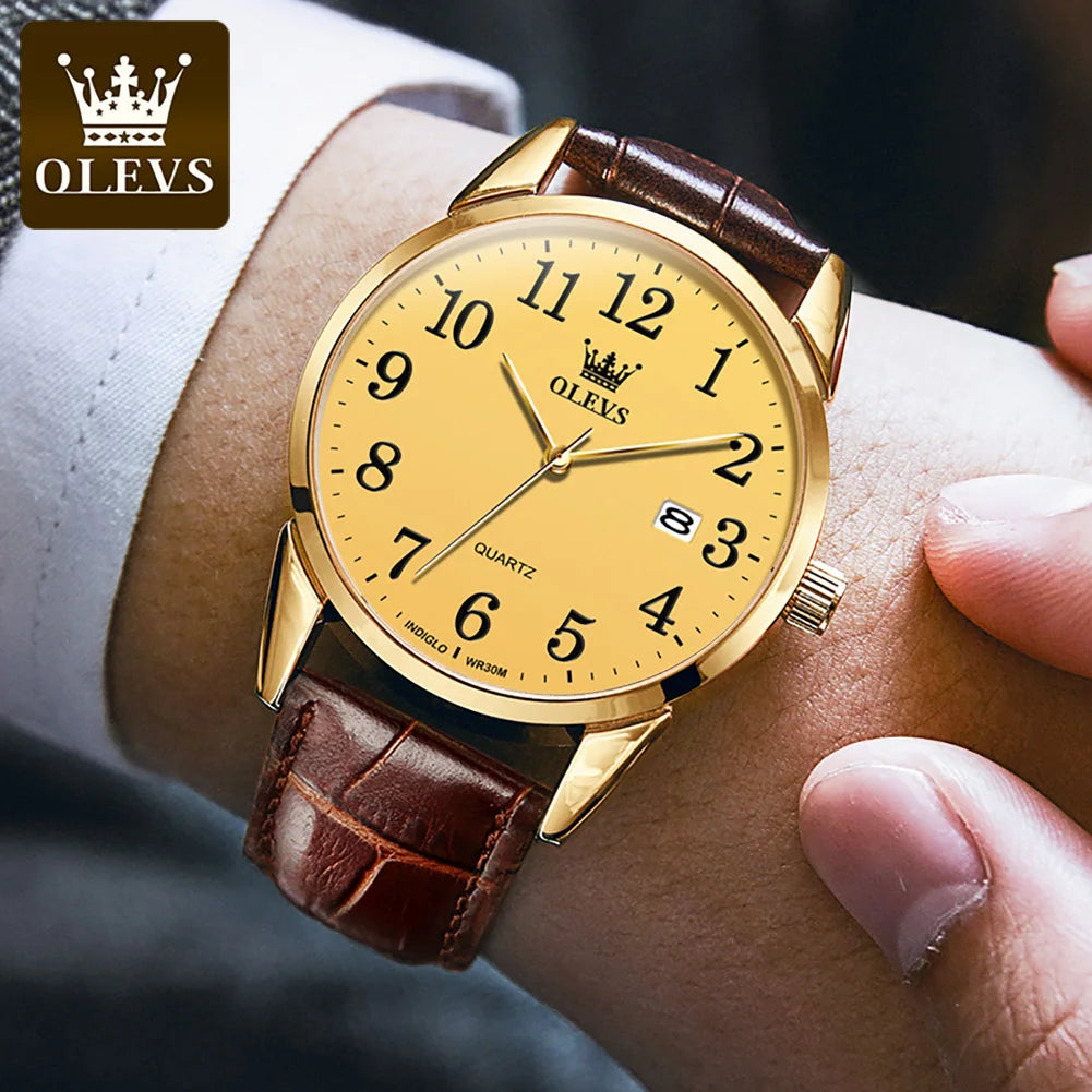OLEVS Fashion Quartz Watch for Men and Women Leather Strap Waterproof Original Arabic Numeral Scale Perfect Gift for Elders