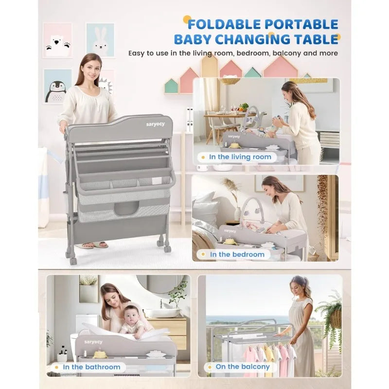 Baby Changing Table Versatile Folding Changing Table Waterproof Diaper Changing Station Adjustable Height with 2 Drawers Mobile Nursery for Infants