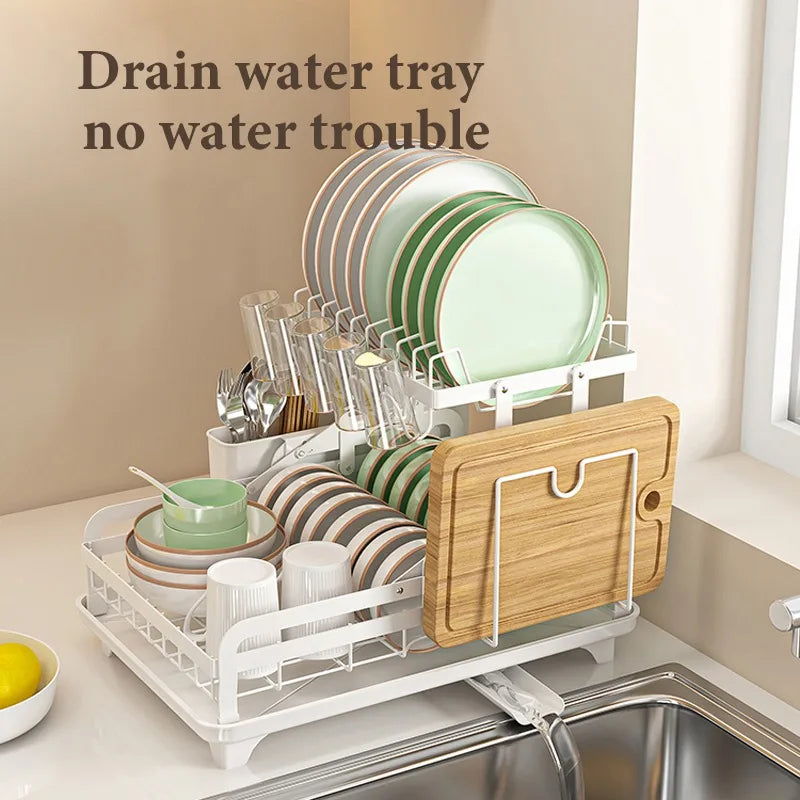 Kitchen Dish Rack 2 Tier Dish Drying Rack with Automatic Drainer Utensil Rack Cup Rack Large Dish Drainer for Kitchen Countertops Space Saving Durable