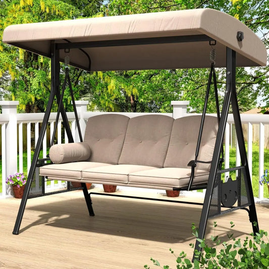 3 Seat Outdoor Porch Swing With Adjustable Canopy Beige Customizable Removable