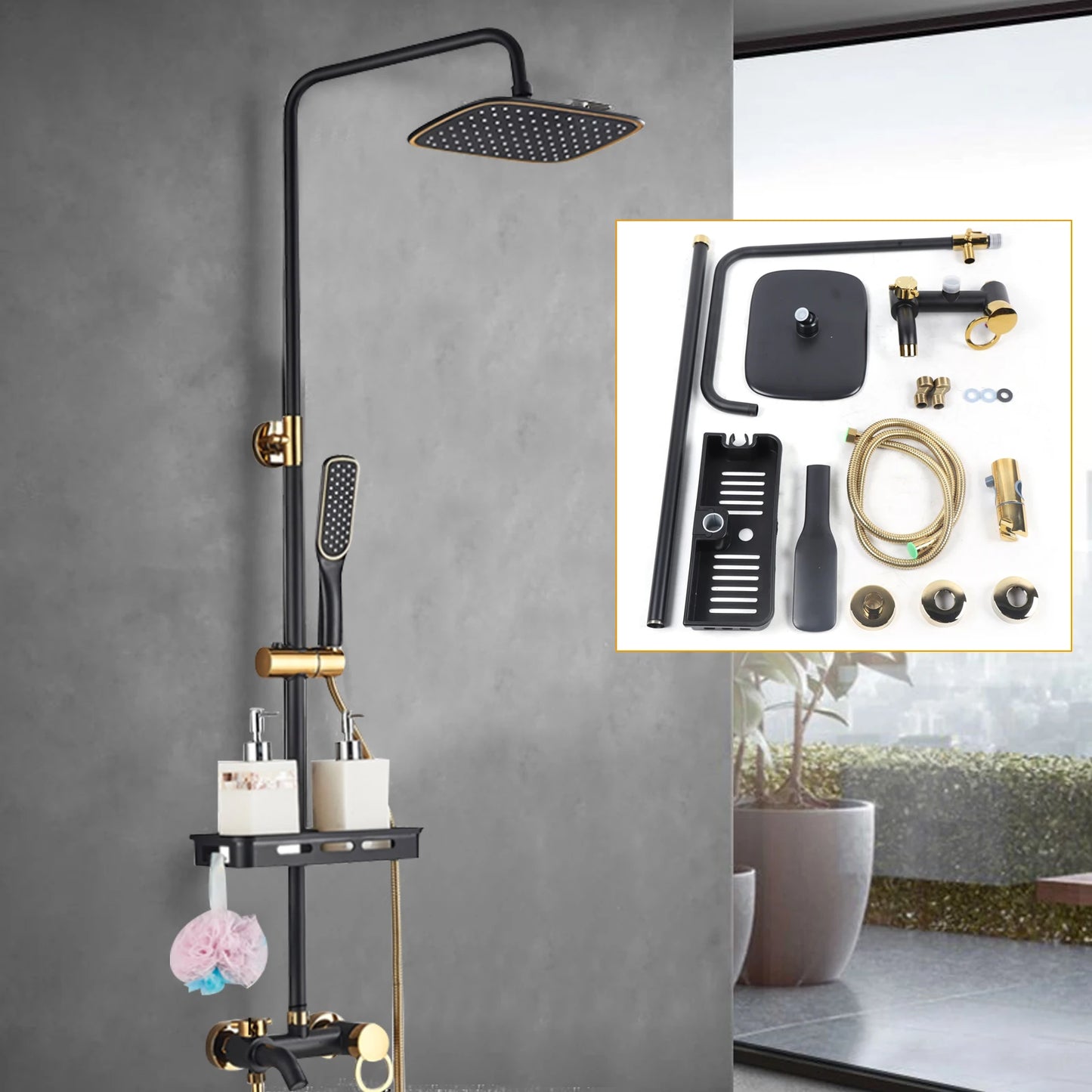Black Shower Set Faucet Rainwater Manual System High Quality Pure Lead Free Copper Material Good Water Saving Performance