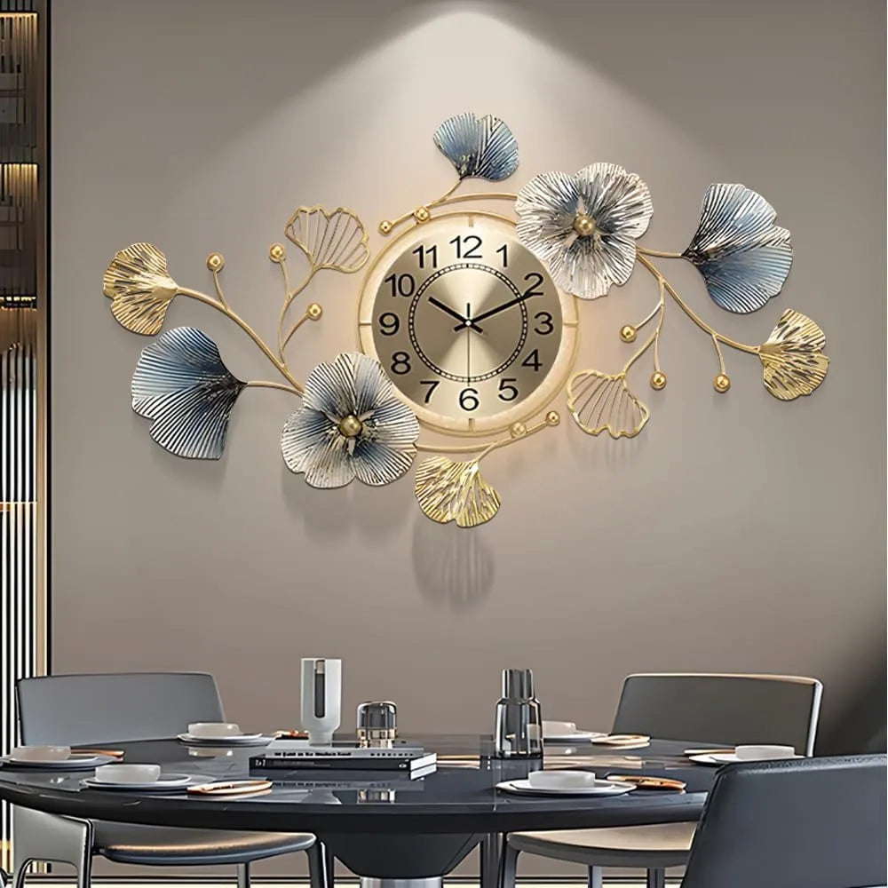 Large Metal Wall Clock with LED Light Silent Creative Decorative 3D Ginkgo 33.6 x 20 Inch