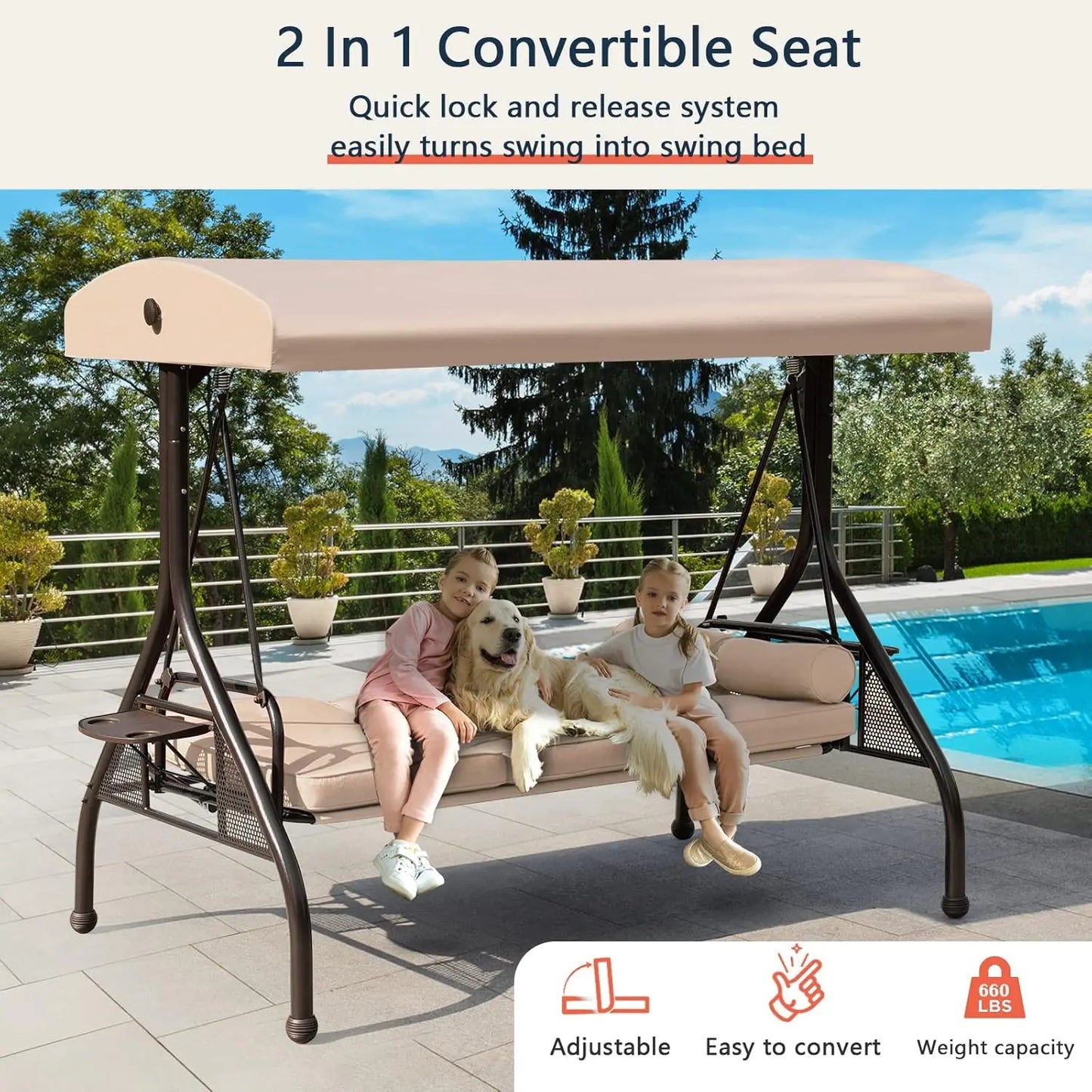 Three Seat Outdoor Porch Swing With Adjustable Canopy And Foldable Side Cushions