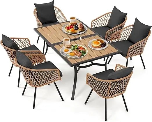 7 Piece Outdoor Patio Dining Set for 6 Wicker Rattan Furniture with Umbrella Hole and Cushions