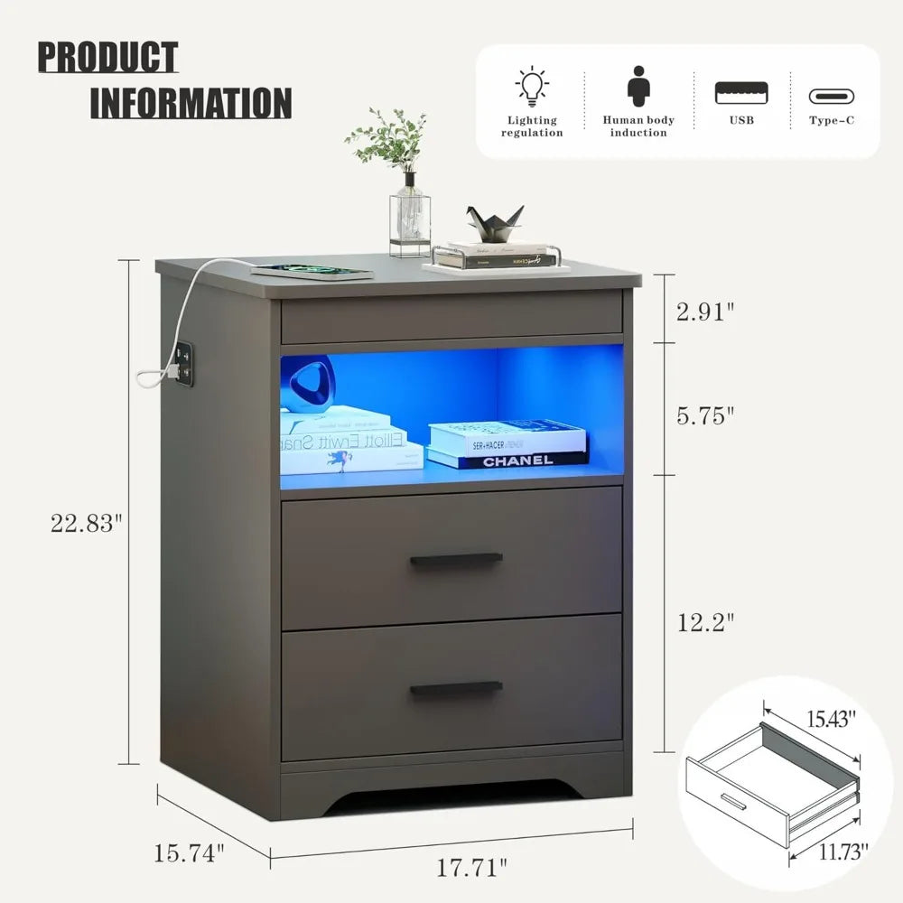 Night Stand Set of 2 Charging Bedside Table with USB and Type-C Port LED Night Stand with Human Sensor Light and Gun Drawers