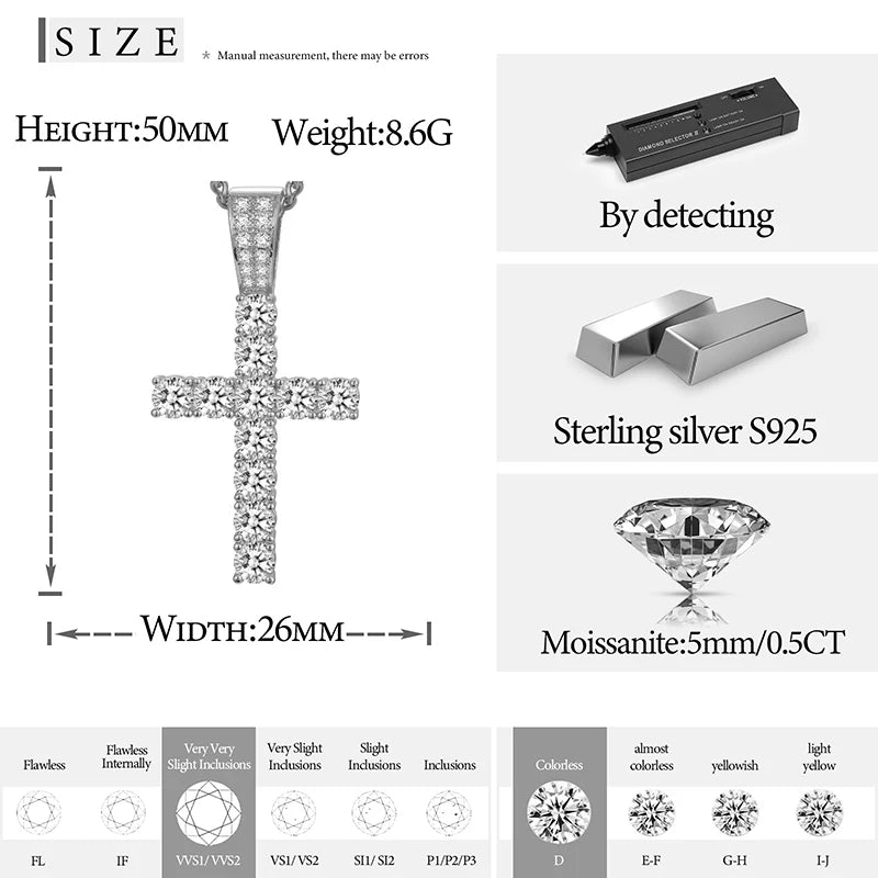 Religion Men Necklace 5mm VVS1 D Color Moissanite Cross Pendant 925 Sterling Silver 18K White Gold