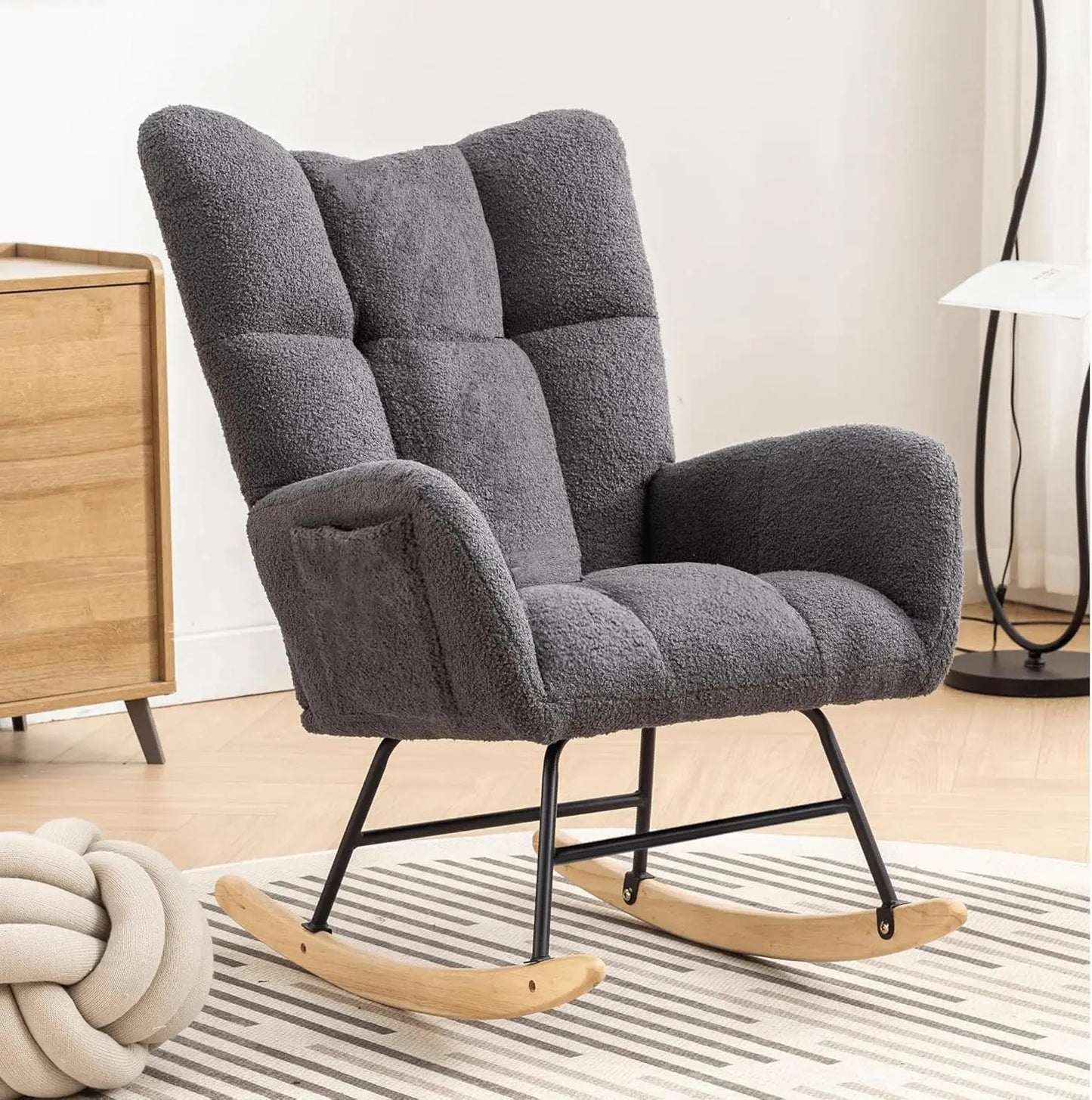 Nursery Rocking Chair Teddy Upholstered Glider Rocker High Backrest Comfy Accent Armchair