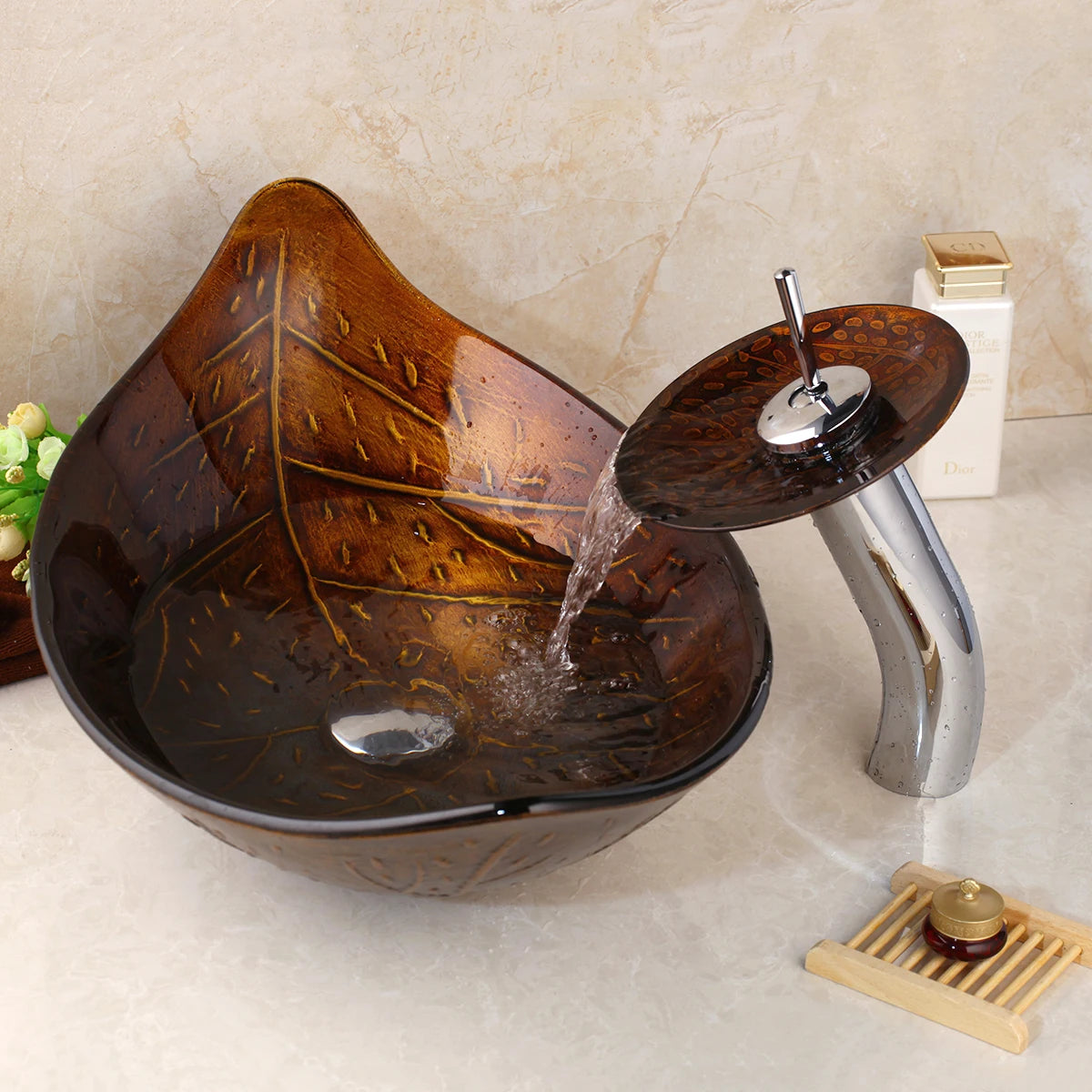 ZAPPO Brown Leaf Tempered Glass Vessel Sink With Faucet Mixer Tap