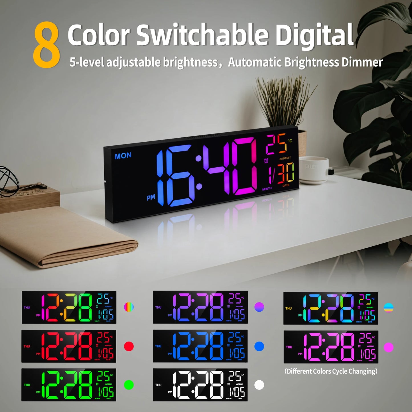 16 Inch Large Digital Wall Clock Big LED Display with Remote 8 RGB Colors Alarm DST Temperature for Living Room Office