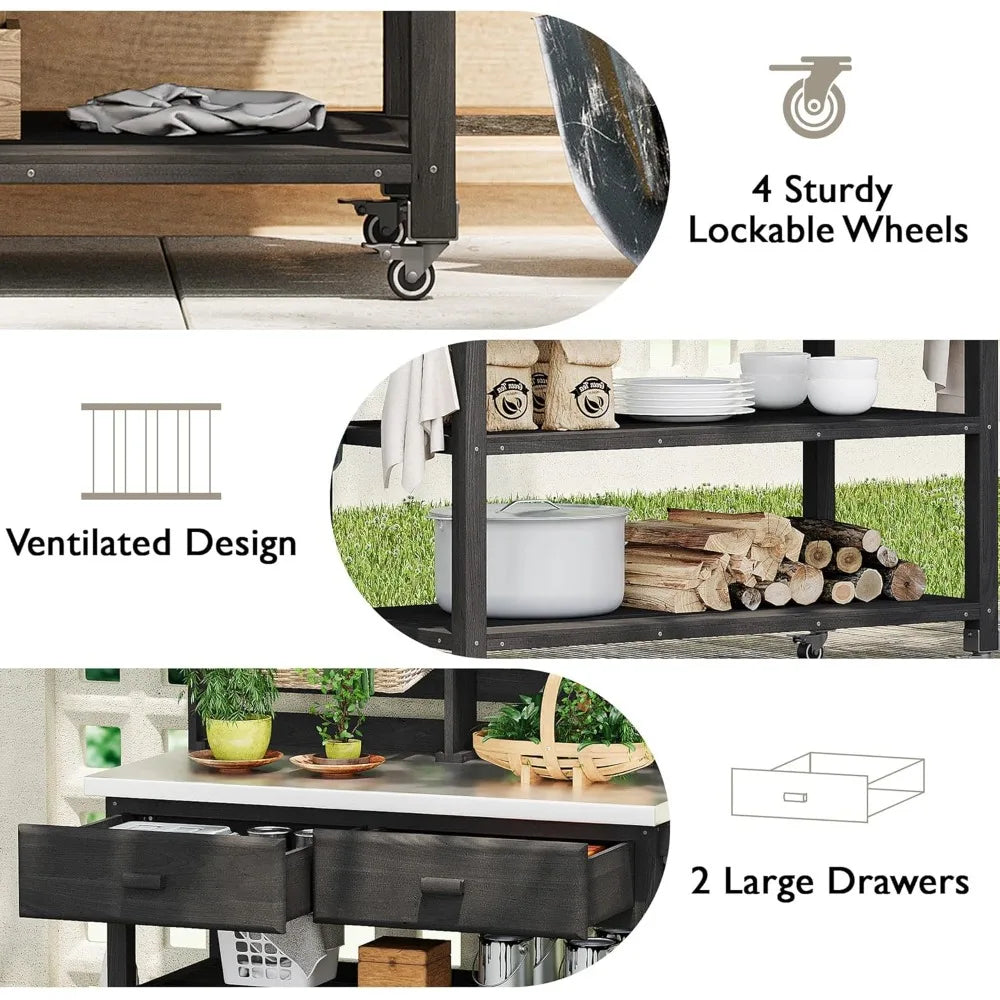 Outdoor Potting Bench With Lockable Wheels Stainless Steel Top And Towel Rack