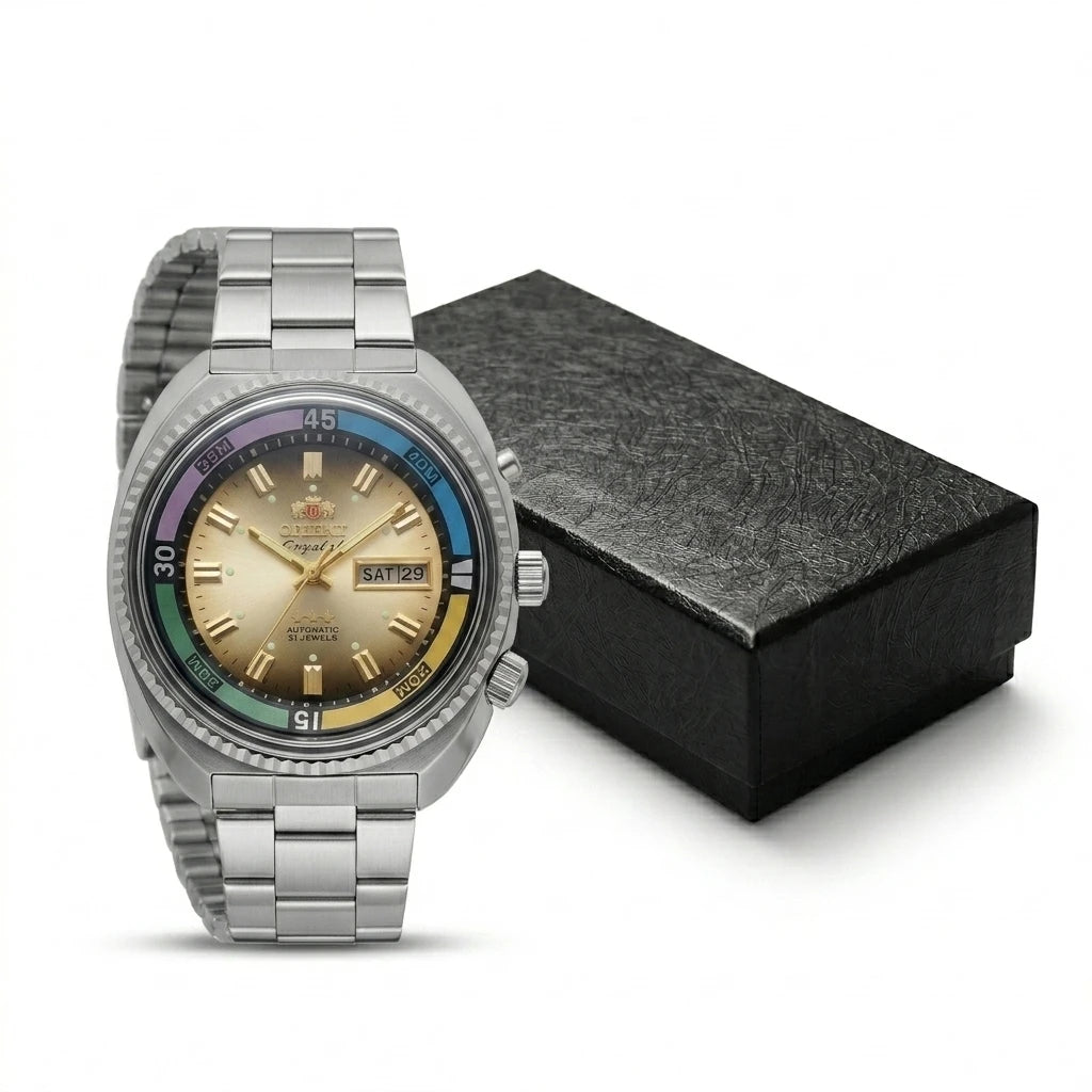 ORIENT Retro World Timer Automatic Watch 21 Jewels Day Date Luminous Stainless Steel Men Mechanical Wristwatch