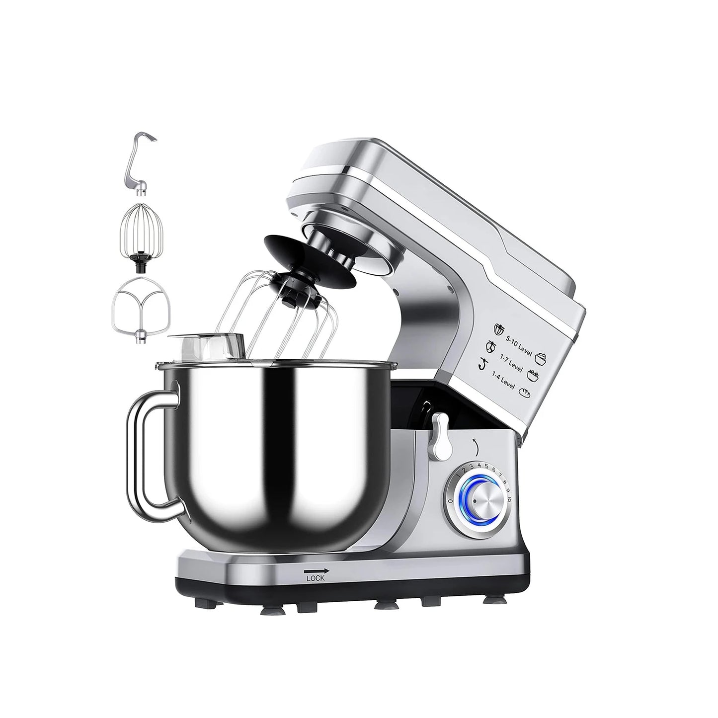 Electric Food Mixer 7.5QT 600W 10 Speed Tilt Head Stand Mixer with Stainless Steel Bowl 3 in 1 Kitchen Countertop Mixer