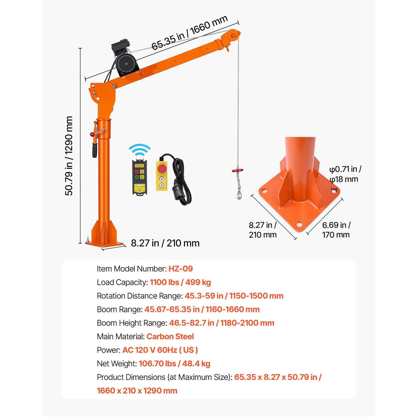 SucceBuy 1100/2200 lbs Electric Truck Crane with Electric Hoist & 360° Rotating Telescopic Boom Foldable Lifting Bed Jib Hoist