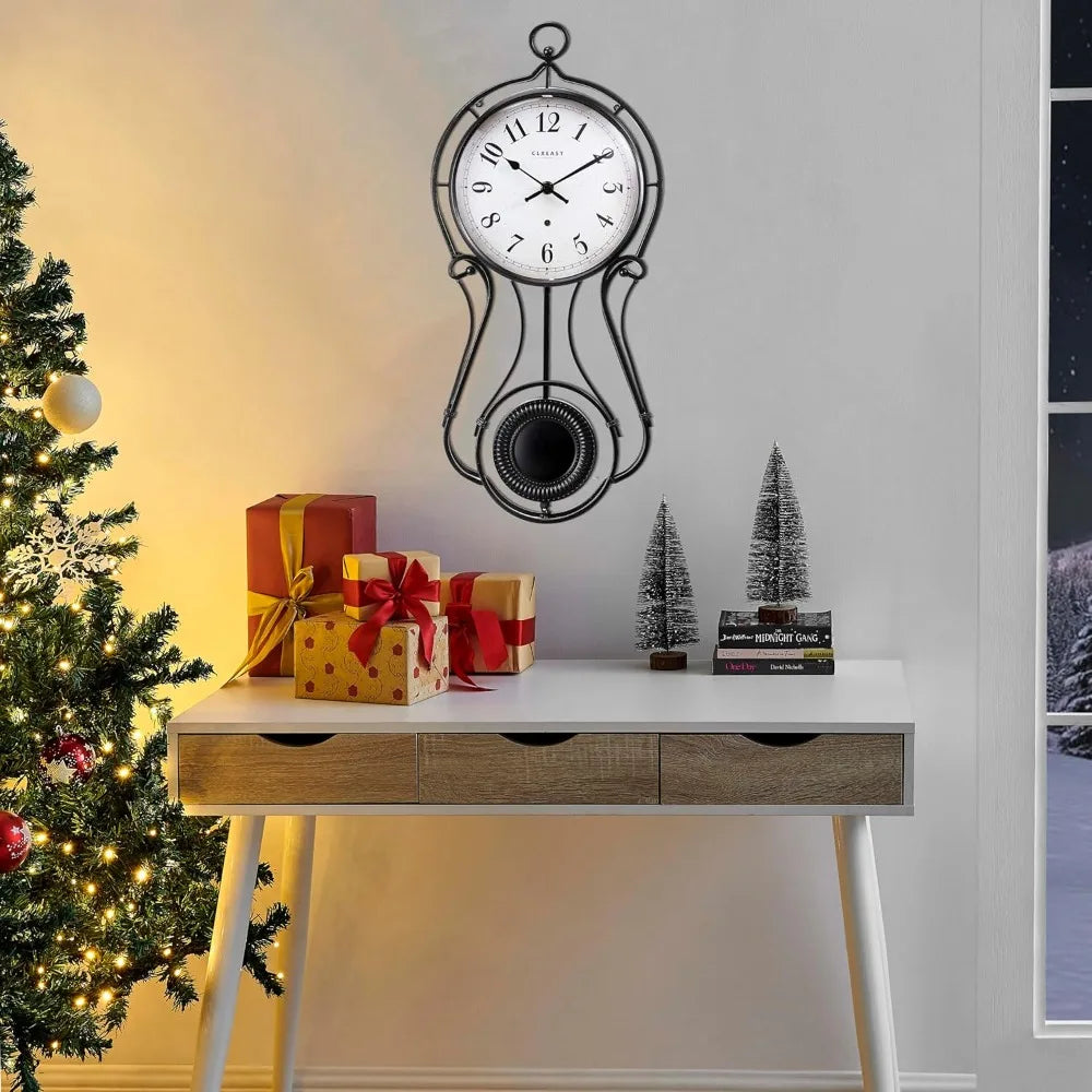 20 Inch Black Metal Pendulum Wall Clock Large Schoolhouse Regulator Circular Wall Clock