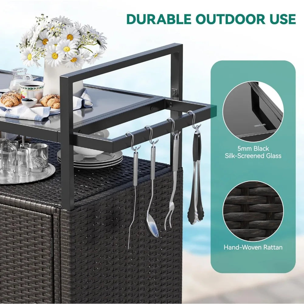 Large Outdoor Kitchen Wicker Island Rolling Cart and Patio Bar Table with Wheels and Black Glass Table Top for Backyard and Poolside Use