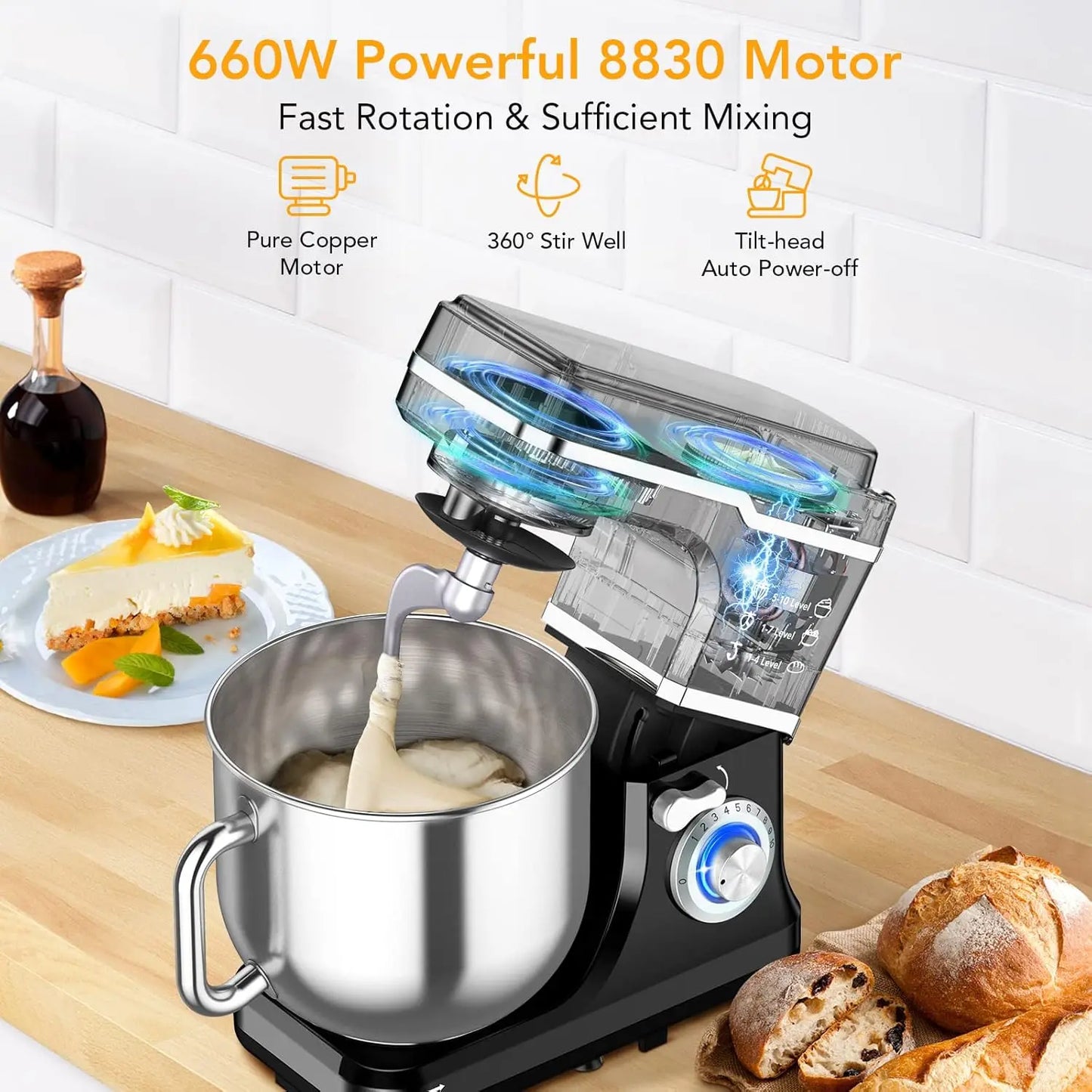 Electric Food Mixer 7.5QT 600W 10 Speed Tilt Head Stand Mixer with Stainless Steel Bowl 3 in 1 Kitchen Countertop Mixer