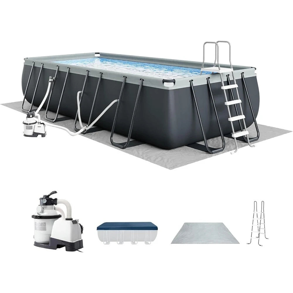 Above Ground Swimming Pool Set 18x9 ft Rectangular Steel Frame with Sand Pump Ladder Cover 216"L x 108"W x 52"H