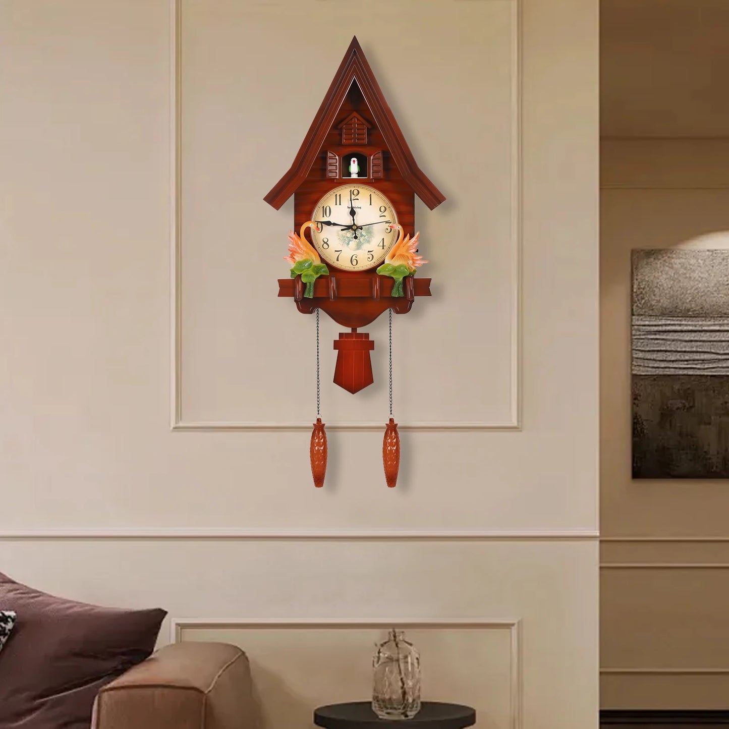 Creative Reddish Brown Wall Clock for Living Room Decor Battery Operated Silent Plastic Clock